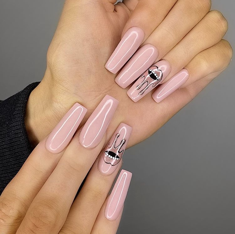 Amazing nude pink long acrylic coffin nails