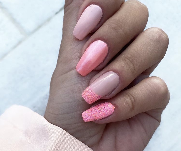 Coral light pink long acrylic nails