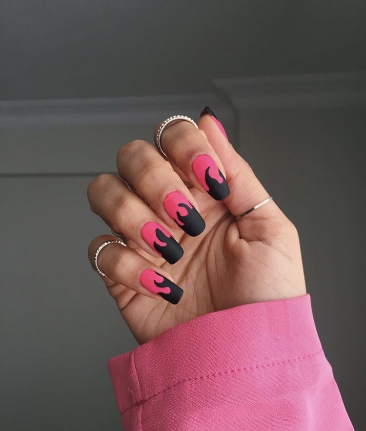 Pink red and black fire long acrylic matte nails