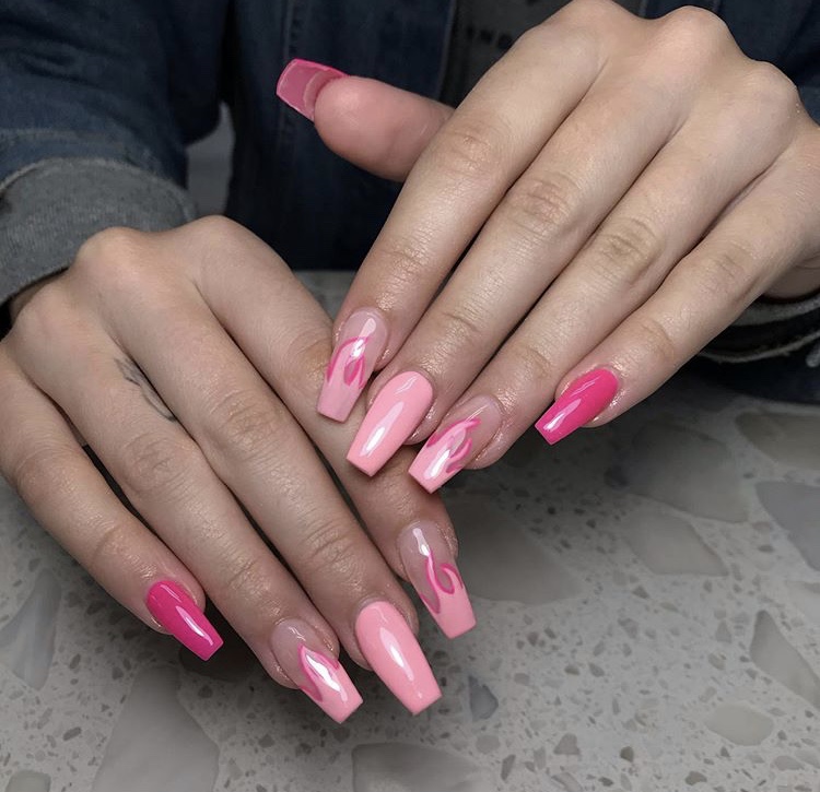 Tender pink fire long acrylic nails