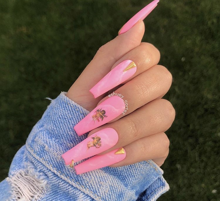 Pink matte marble long acrylic coffin nails