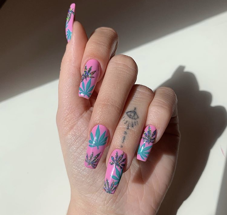 Pink and green acrylic nails
