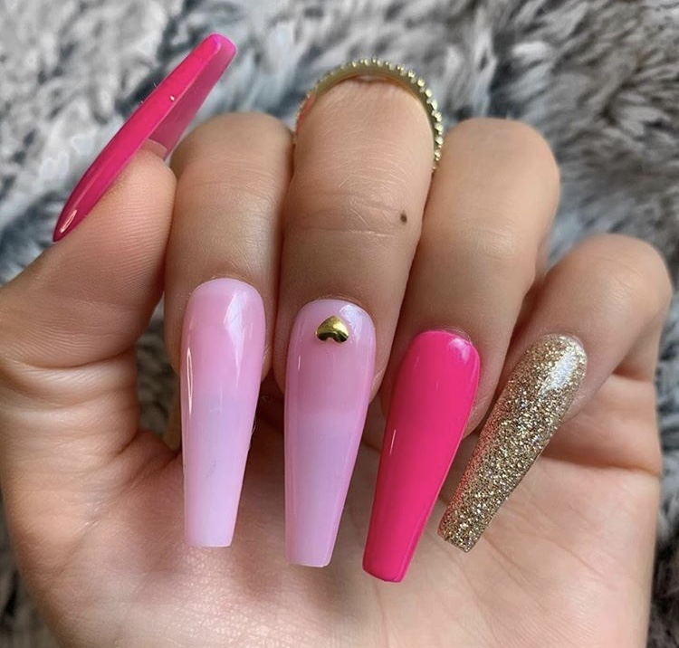 Baby pink, pink red and shiny golden long acrylic coffin nails