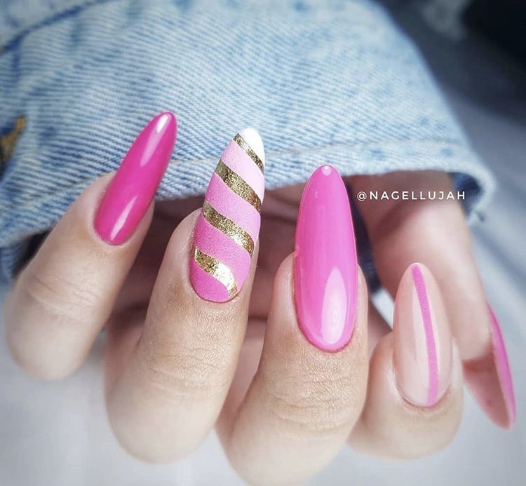 Pink red with gold line creative long nails