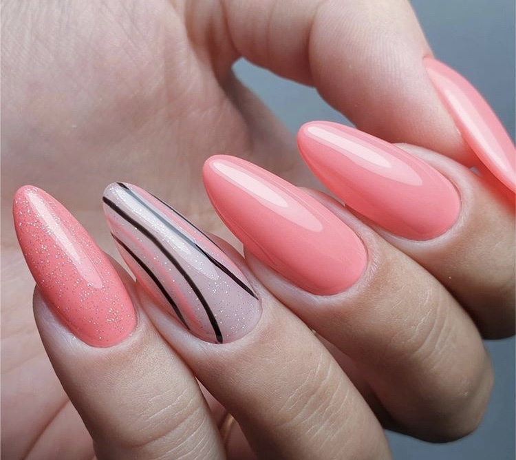 Coral pink and transparent shiny long nails