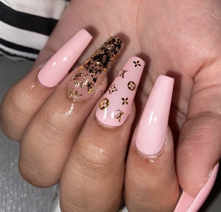 Tender pink and transparent gold foil long acrylic coffin nails