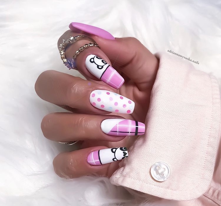 Creative pink and white hand painted long acrylic nails