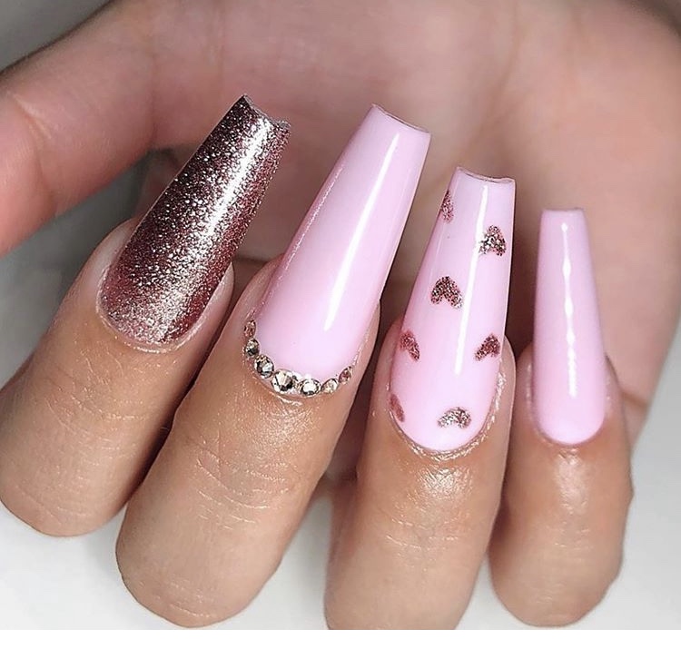 Pink and golden acrylic long nails