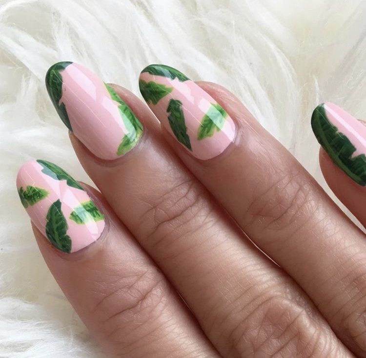 Pink and green plants nails