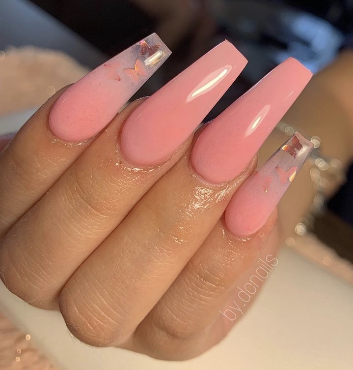 Pink transparent ombre butterfly long acrylic nails