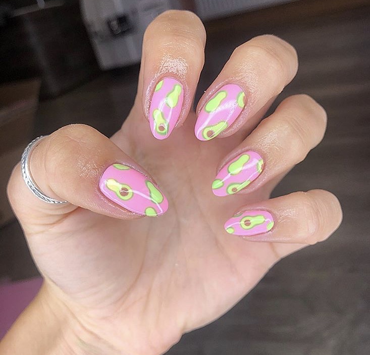 Pink and Green Avocado Acrylic Nails