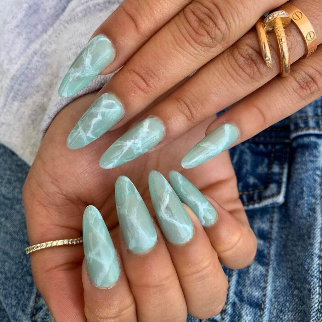 light Green Marble Almond Nails