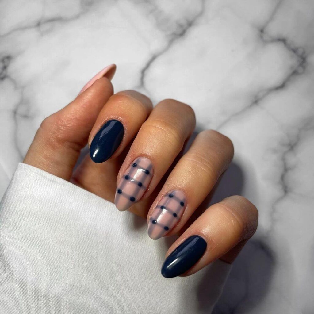 Blue Plaid Almond Nails