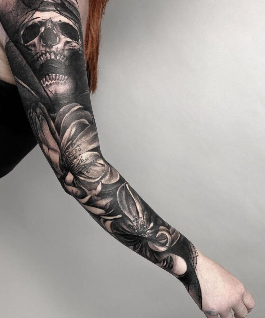 Black and white sleeve tattoo