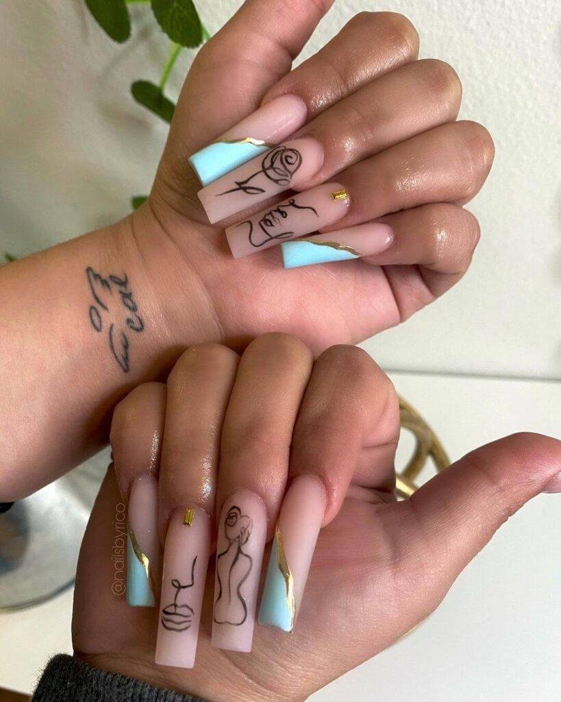 Blue long acrylic abstract Valentine's Day Nails