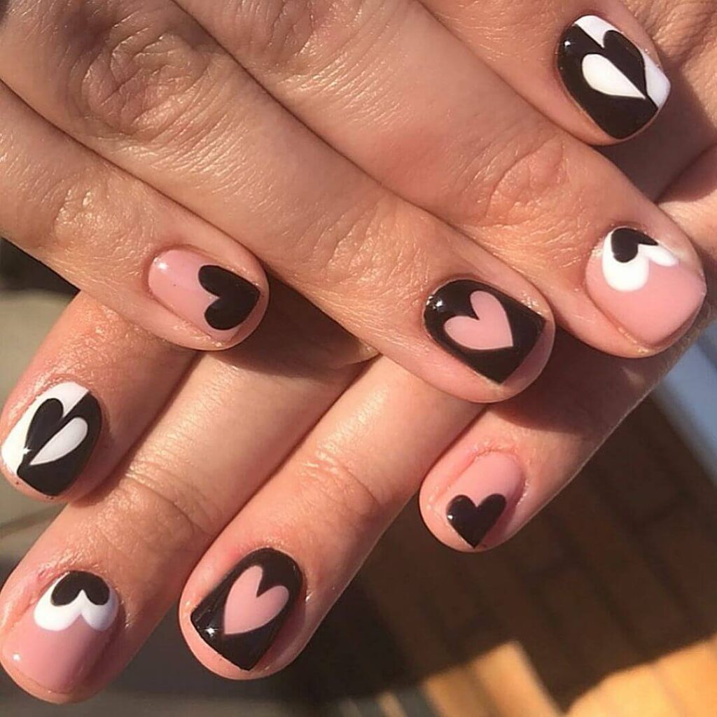 Black and white short Valentine's Day Nails