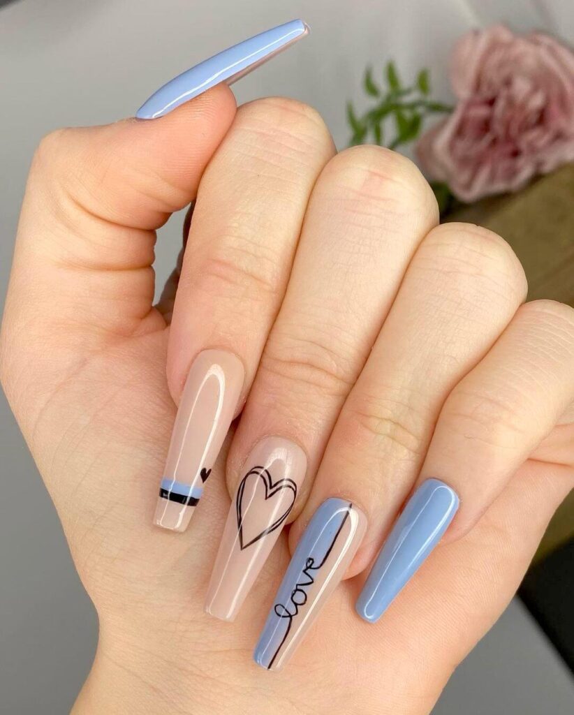 Blue long acrylic Valentine's Day nails