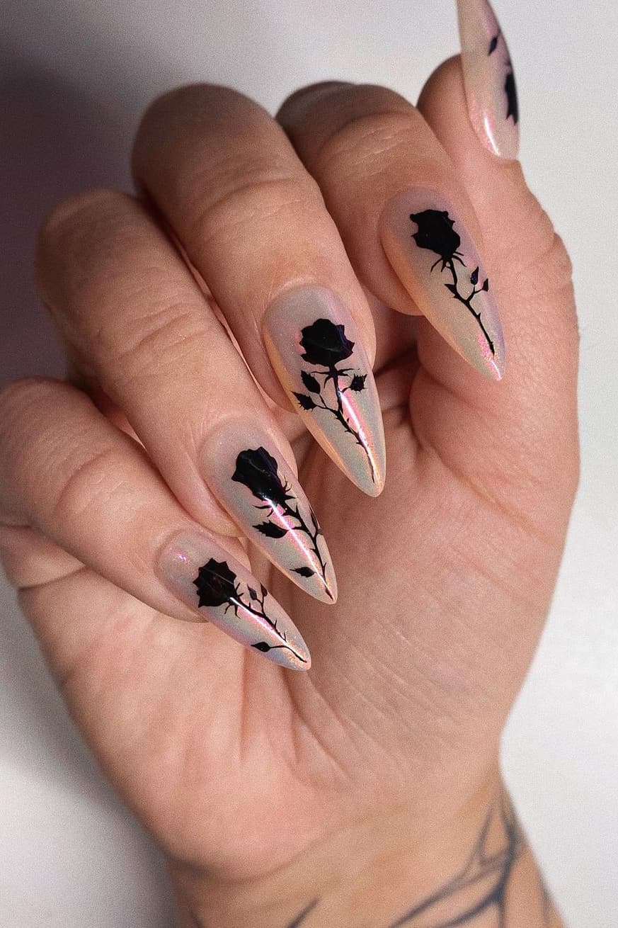 Cool black rose summer nails