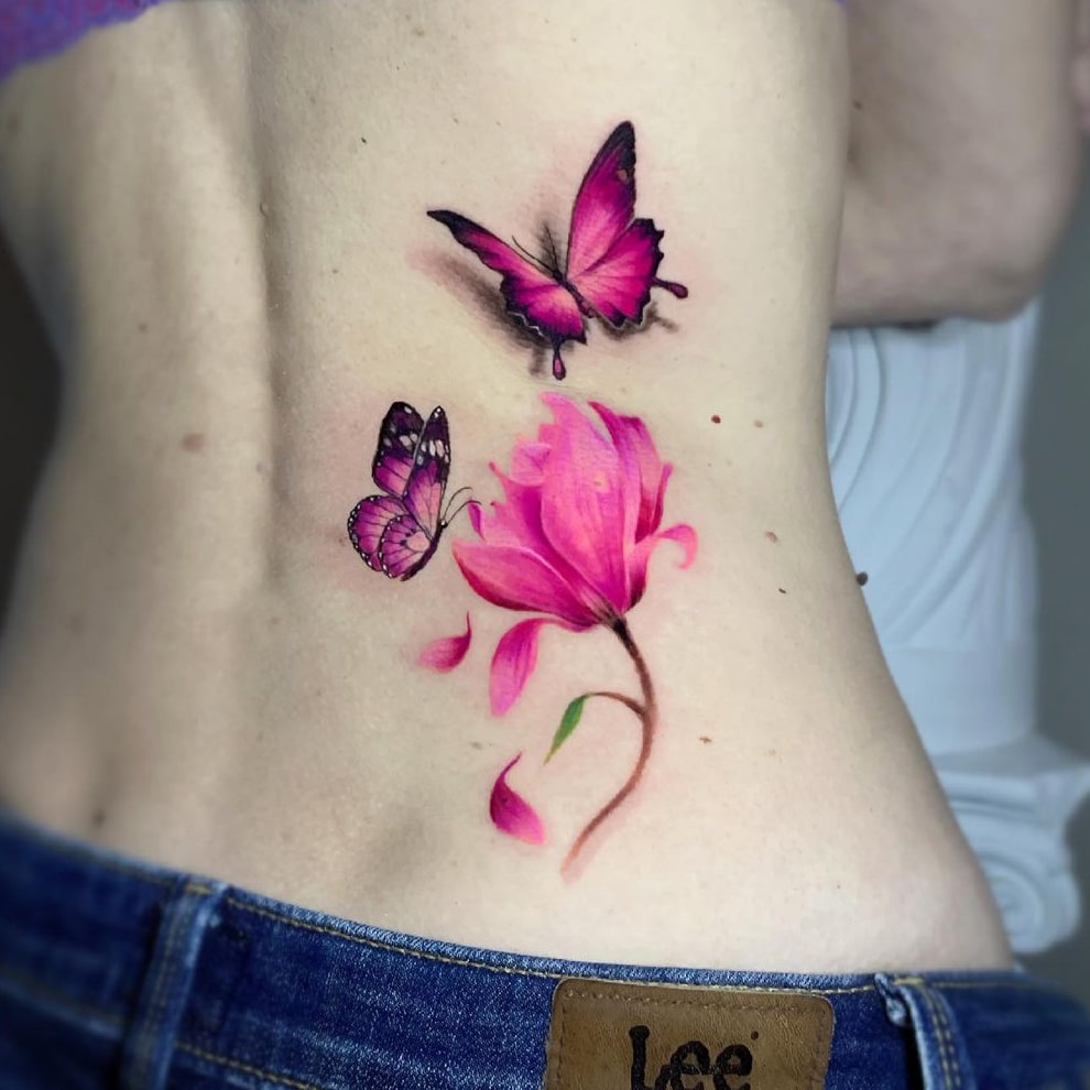 3D butterfly tattoo with flowers