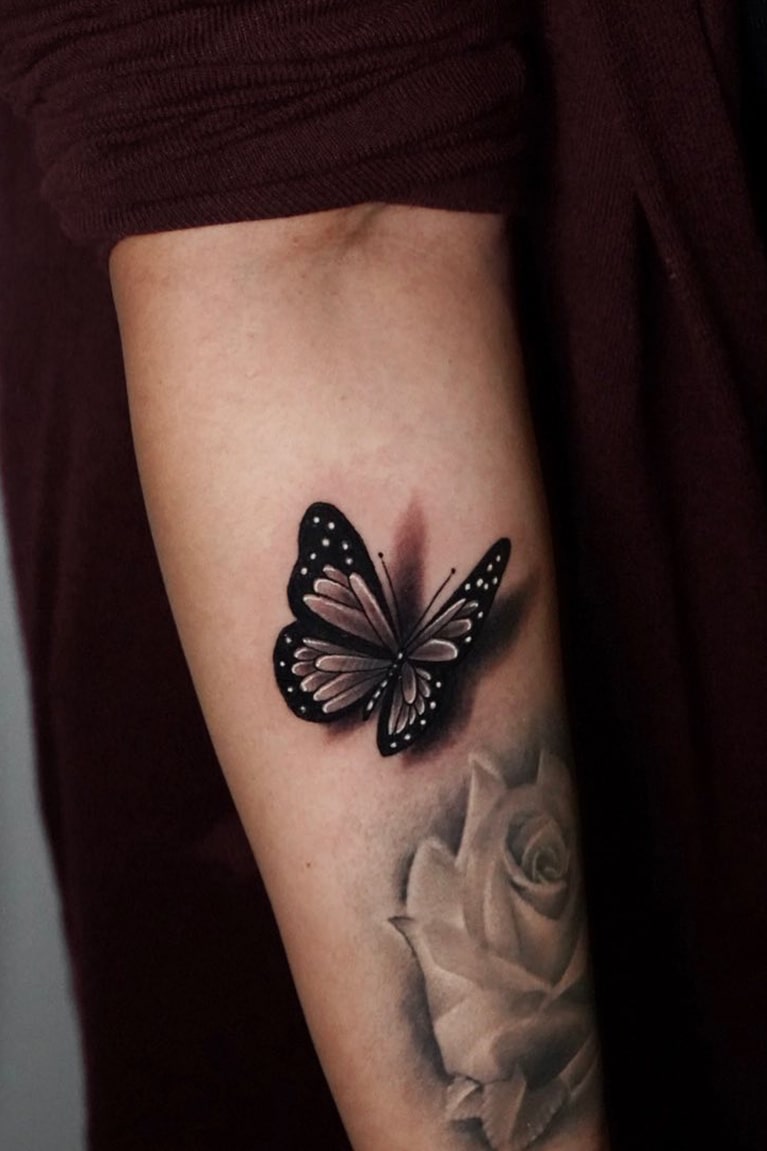 Black and white 3d butterfly tattoo