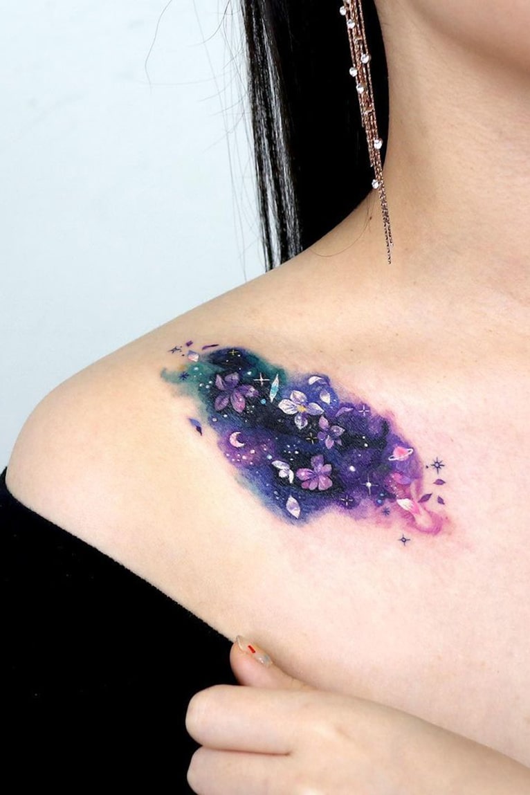 Galaxy collarbone tattoo