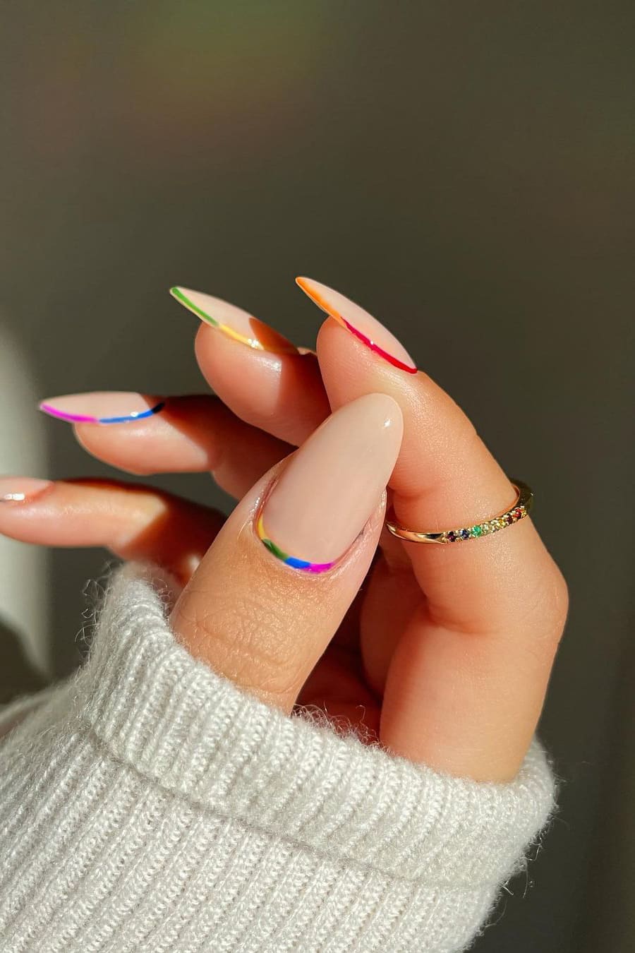 Elegant almond rainbow nails