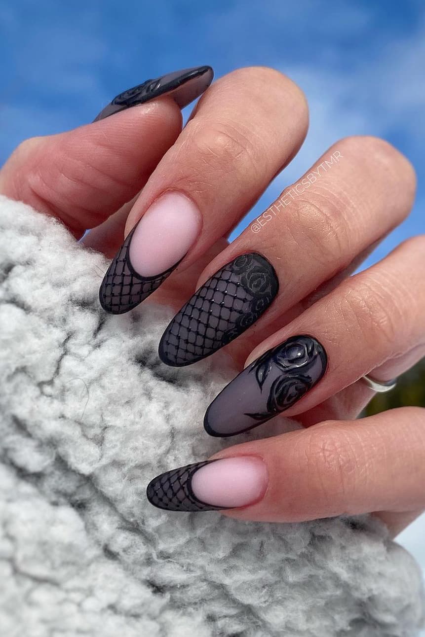 Black and nude rose nails