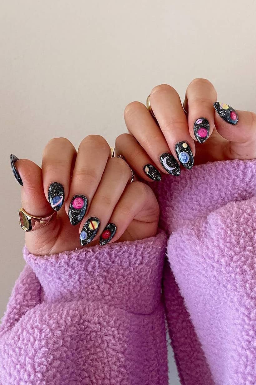 Hand-painted black galaxy nails