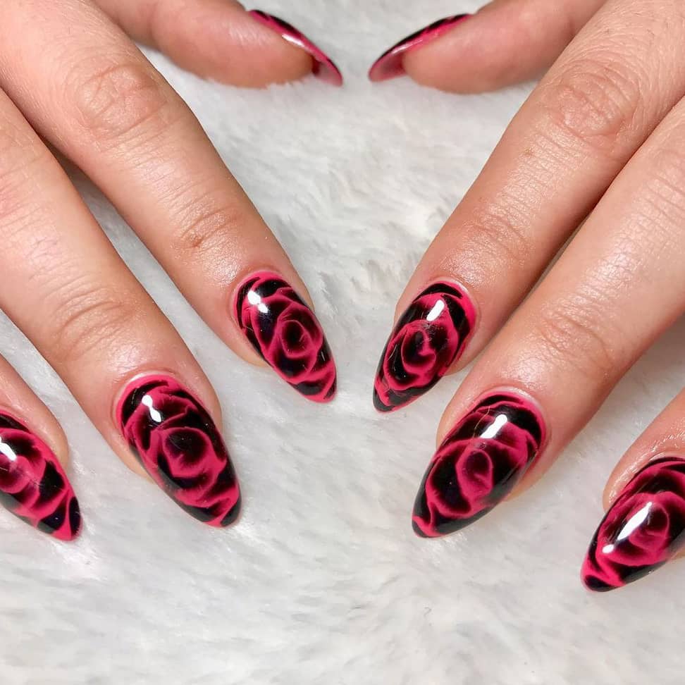 Pink and black rose nails