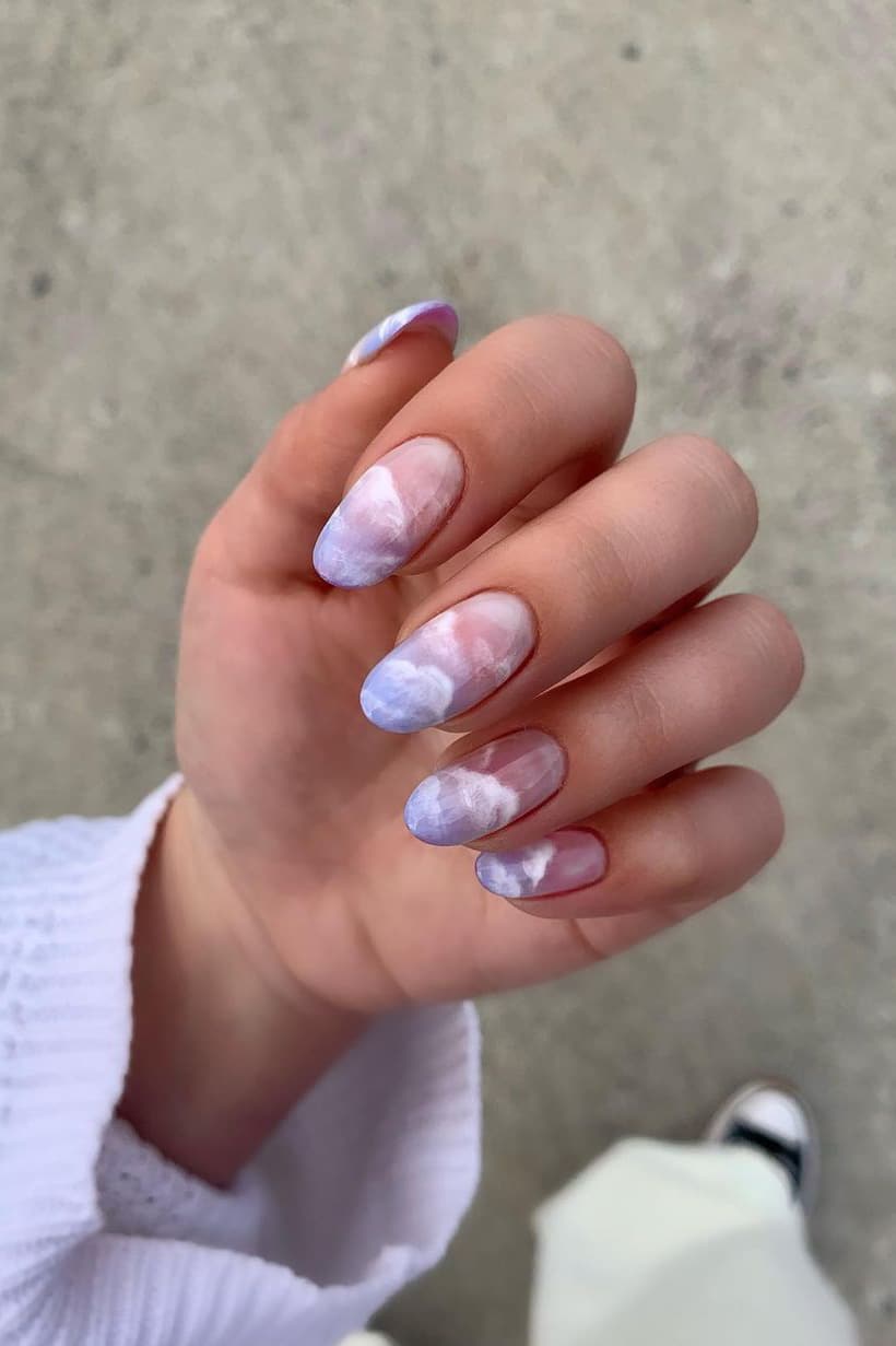 Purple oval cloud nails