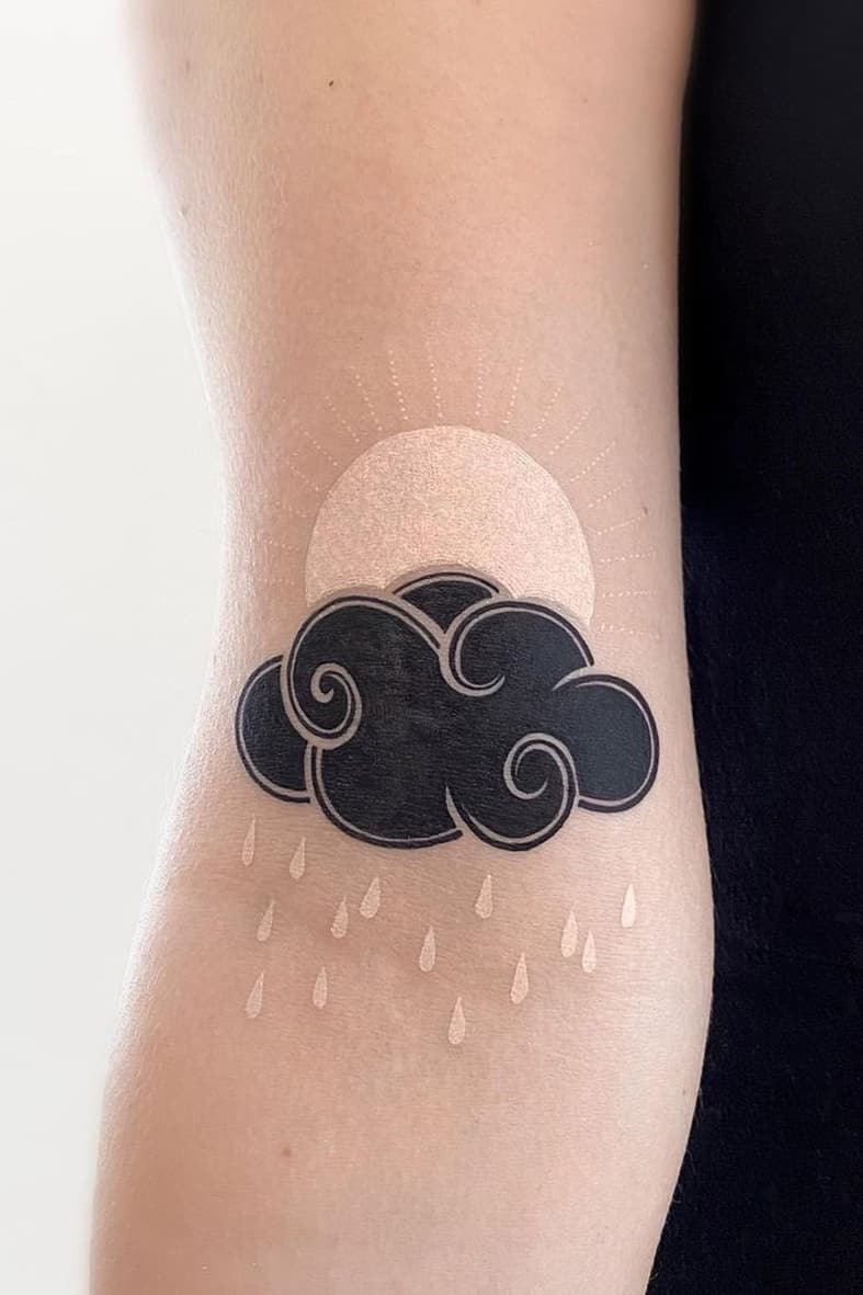 White sun tattoo with black clouds