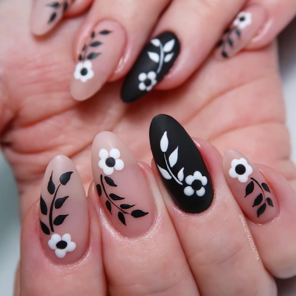 Floral black and white nails