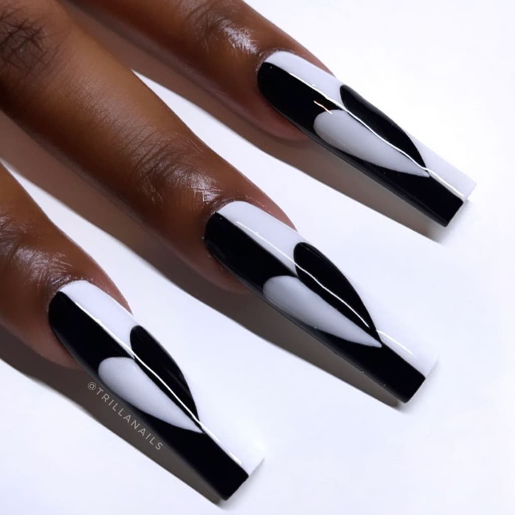 Heart black and white long nails