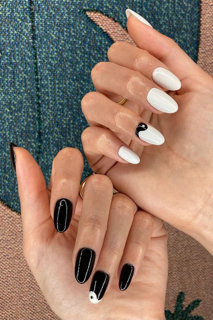 Yin Yang black and white almond nails