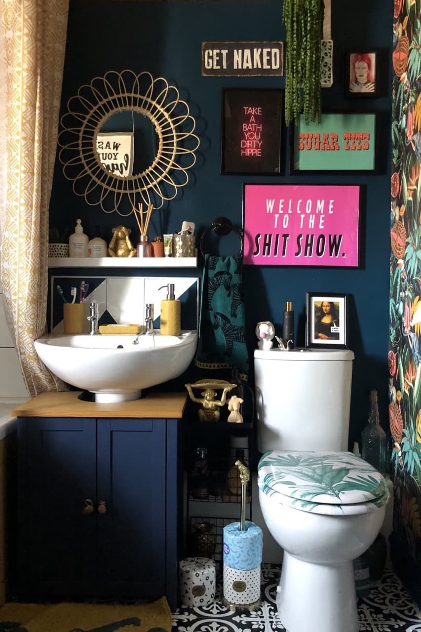 Dark blue small bathroom