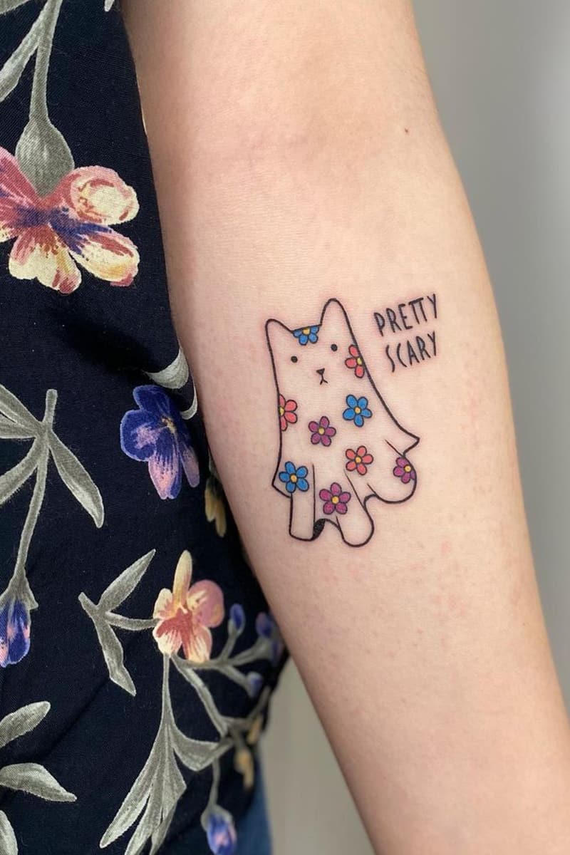 Flower ghost cat tattoo