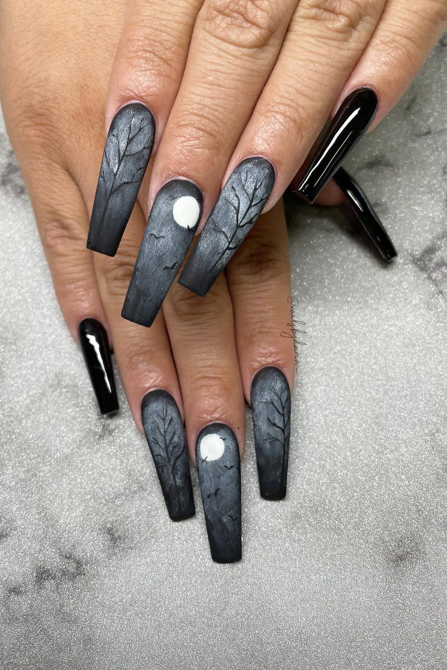 Gray and black long Halloween nails