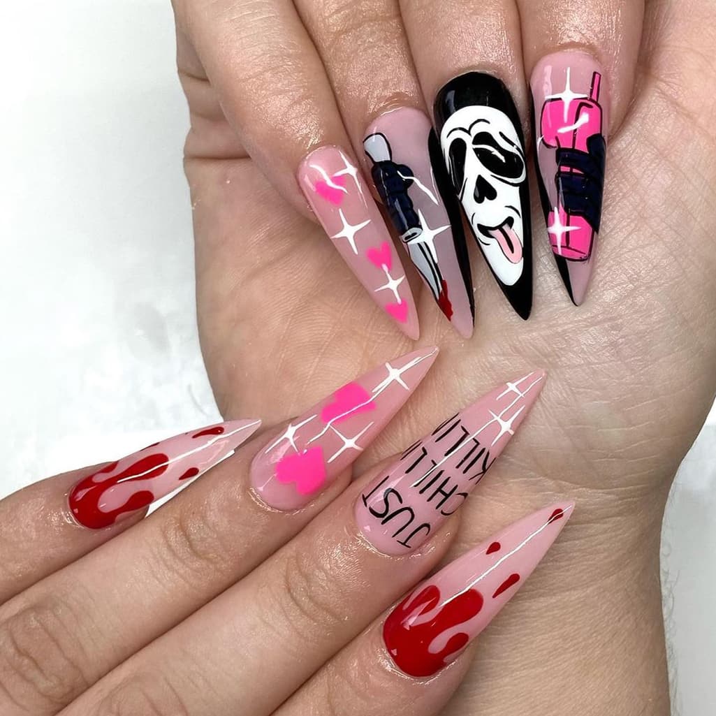 Long Halloween nails with pink