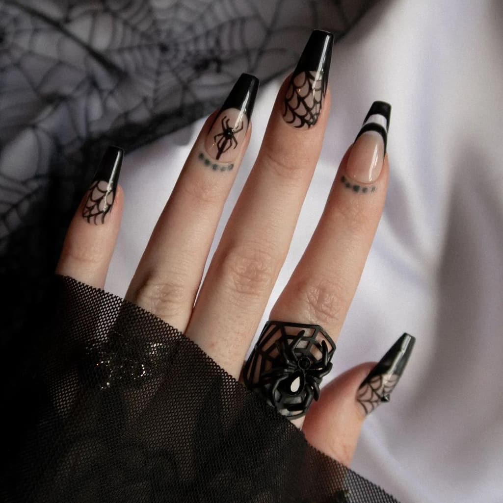 Spider-themed long Halloween nails