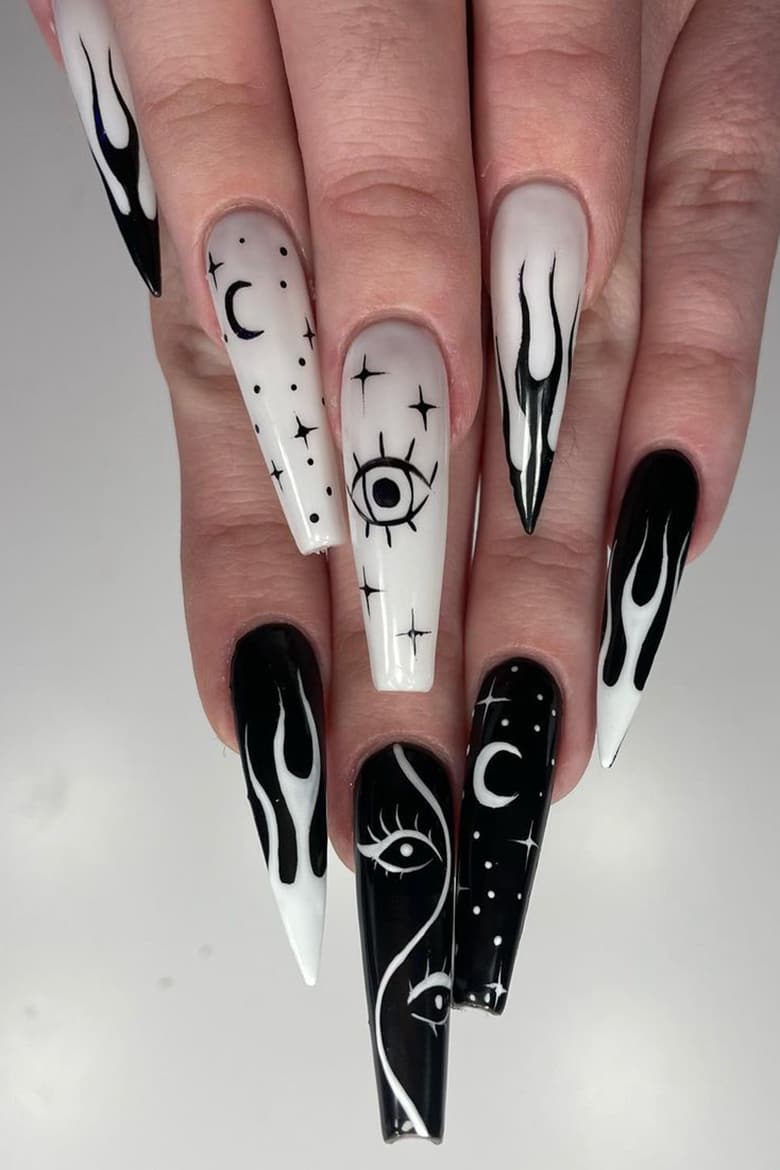White and black long halloween nails