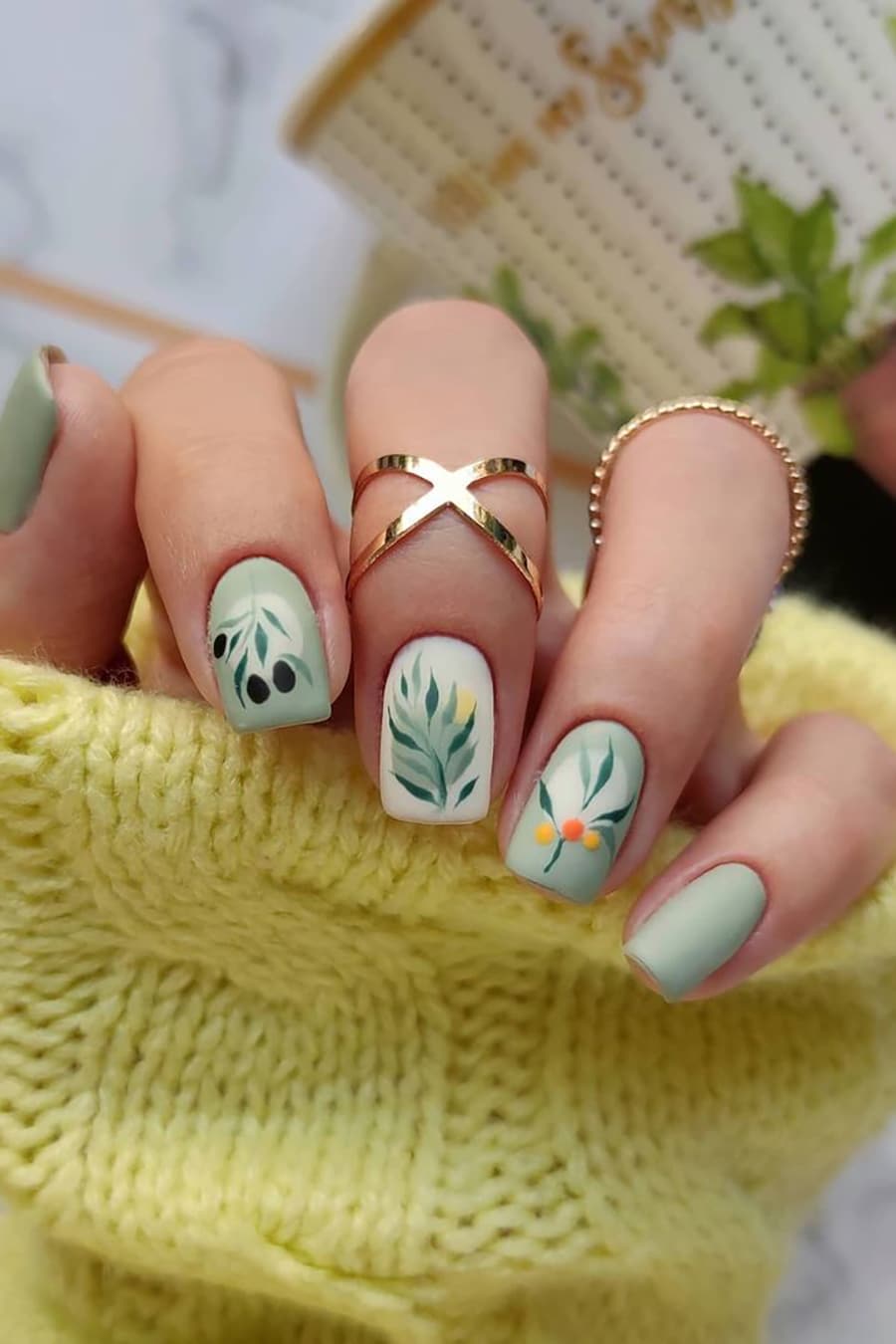 Boho olive green nails