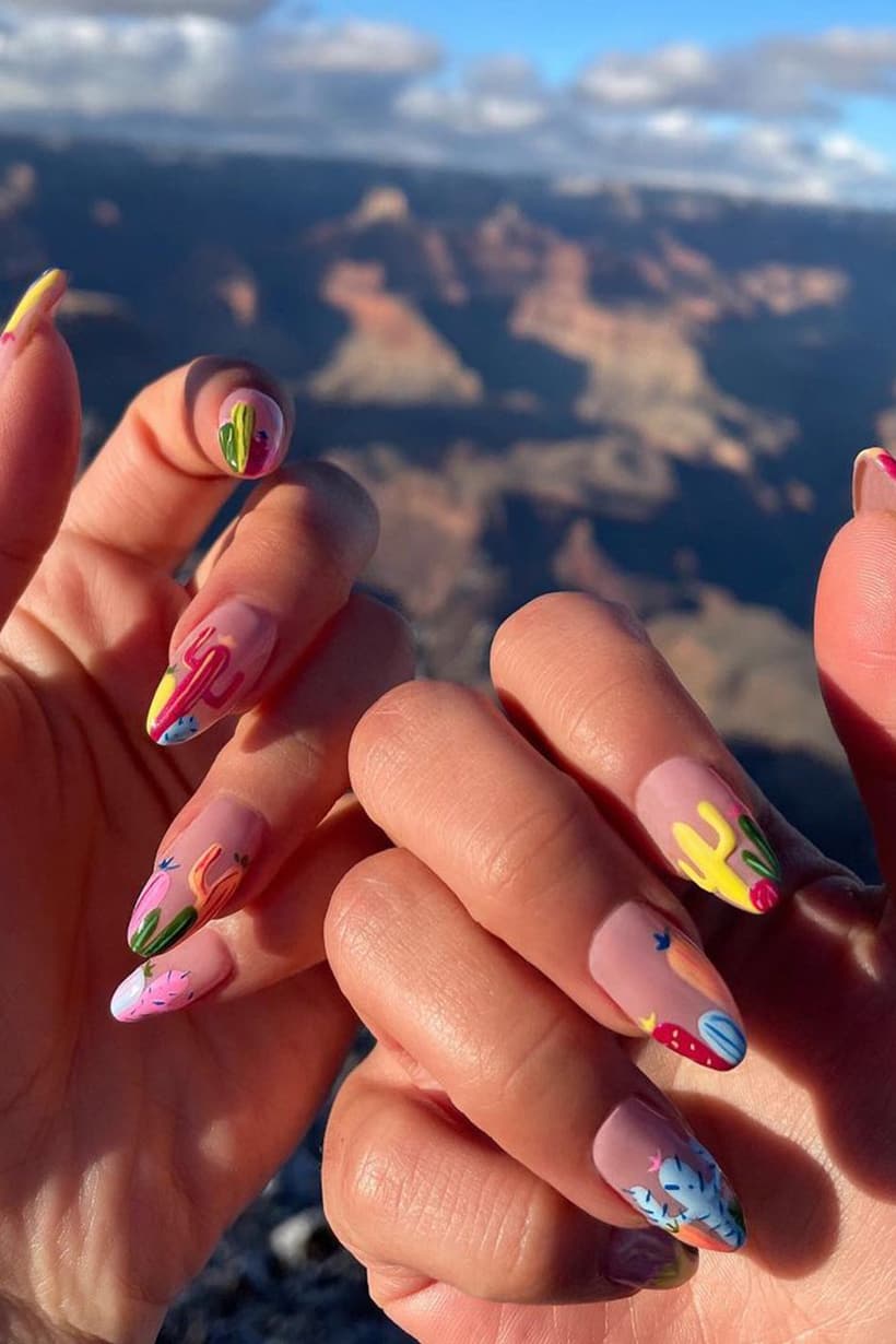 Cactus boho almond nails