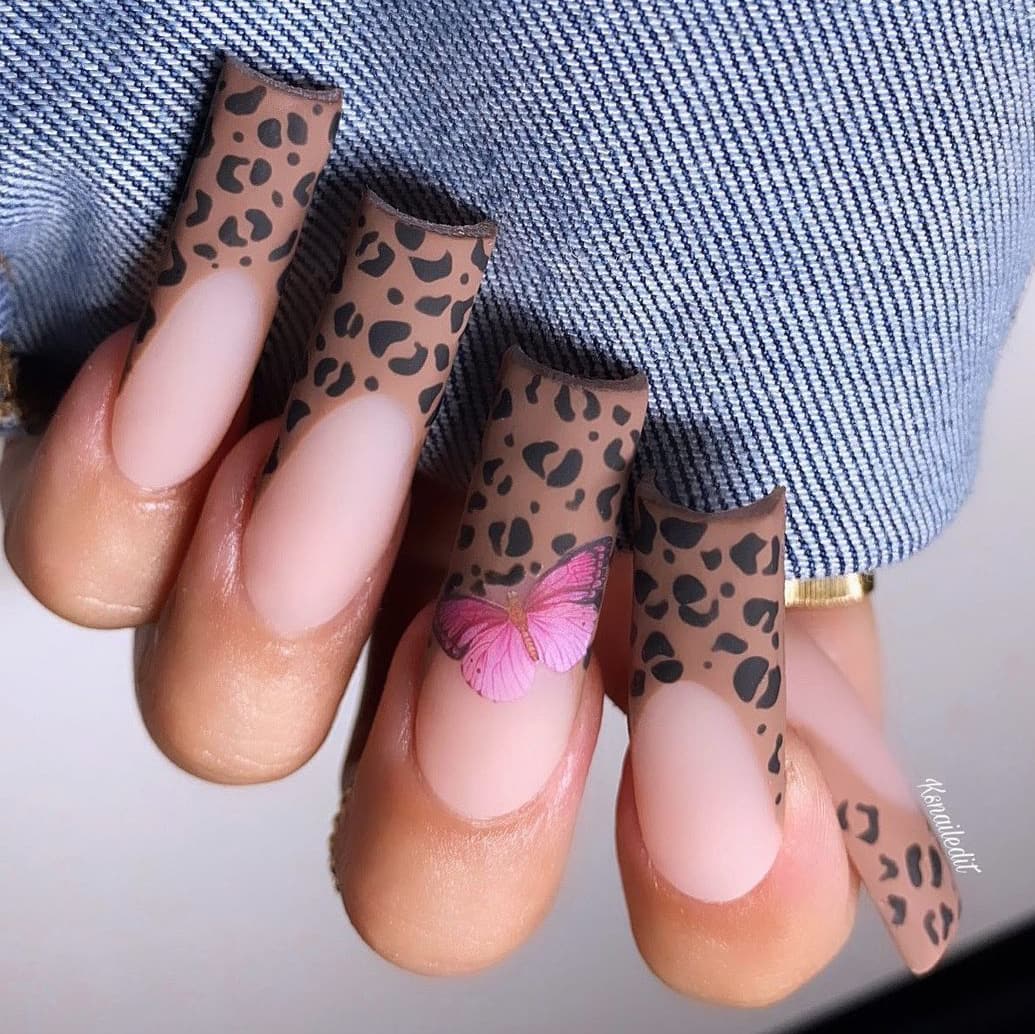 Pink butterfly and brown nails