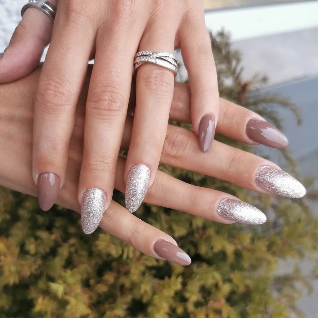 Silver and brown nails