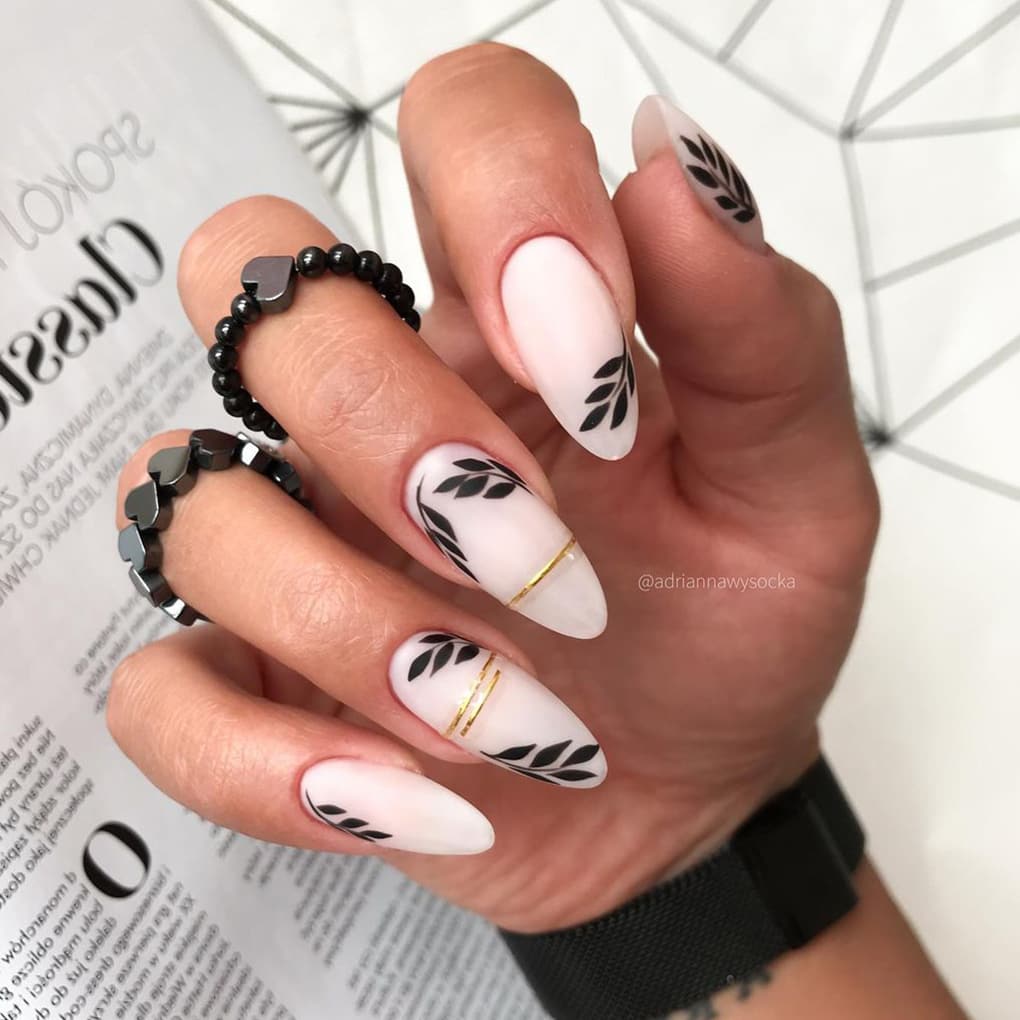 White, black and gold boho nails