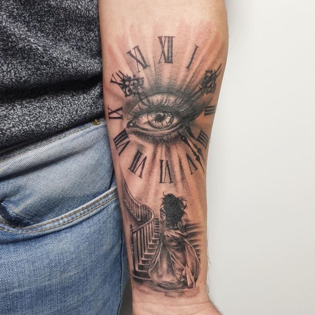 Clock and Eye Combination Tattoo