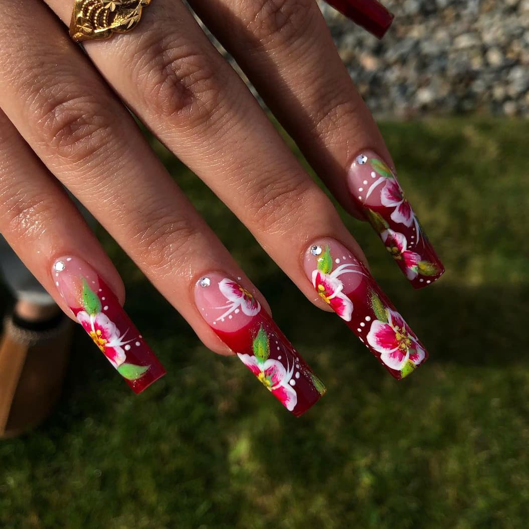 Flower red long nails