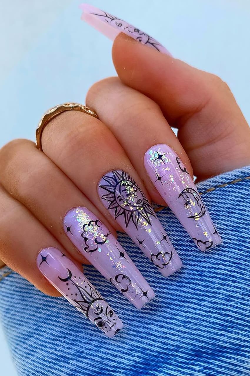 Glittering Sun Long Coffin Nails