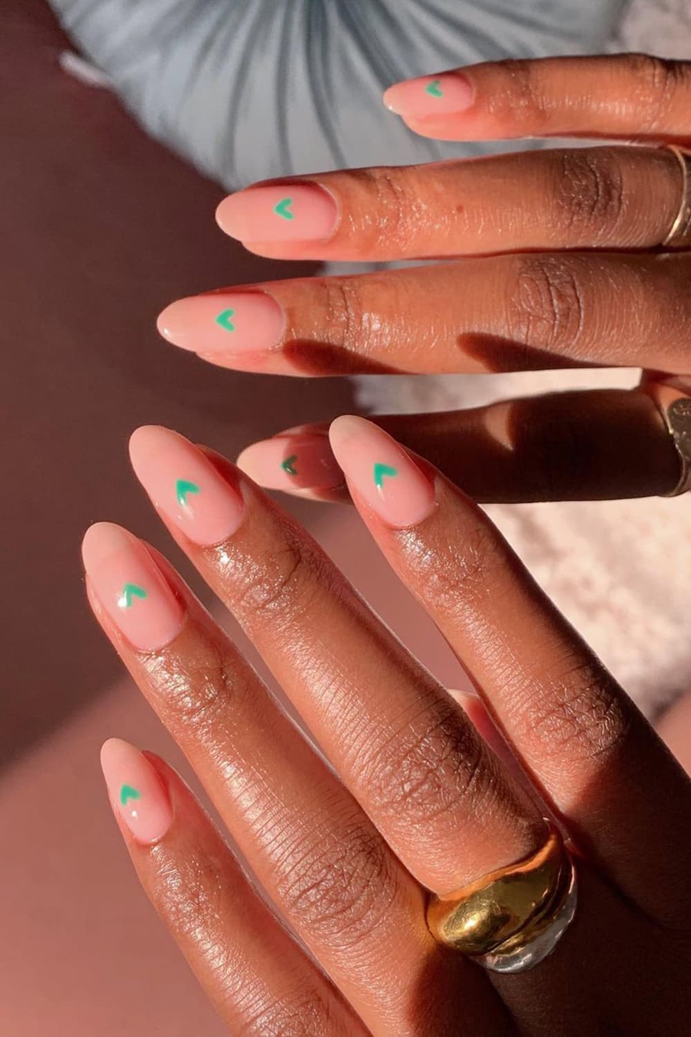Green Heart Nude Nails