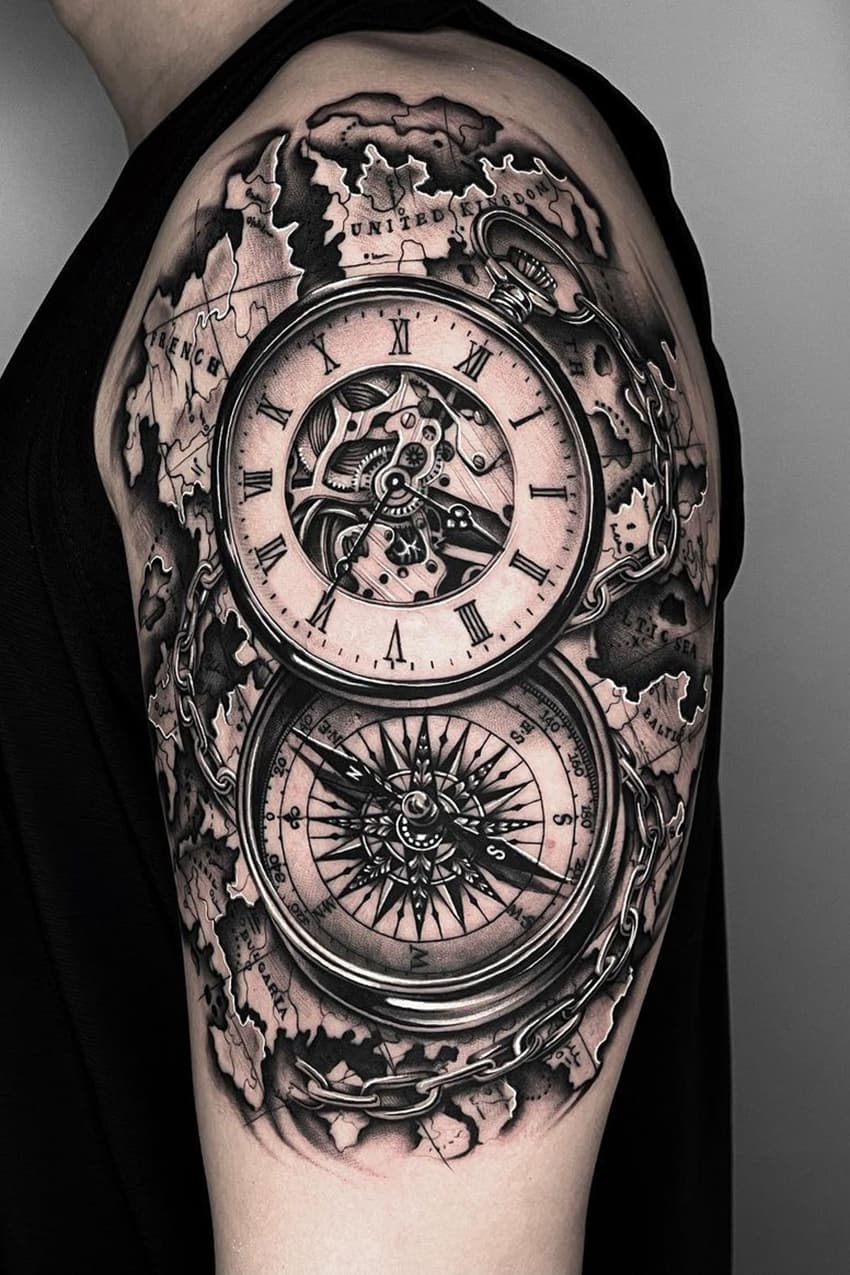 Pocket watch compass tattoo